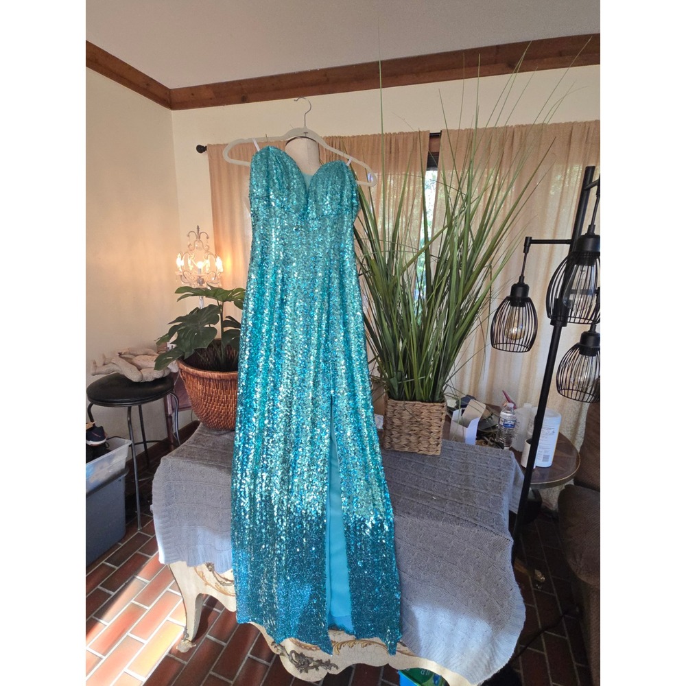 EVA USA Turquoise Sequin Sweetheart Prom Gown High Slit Formal Dress L